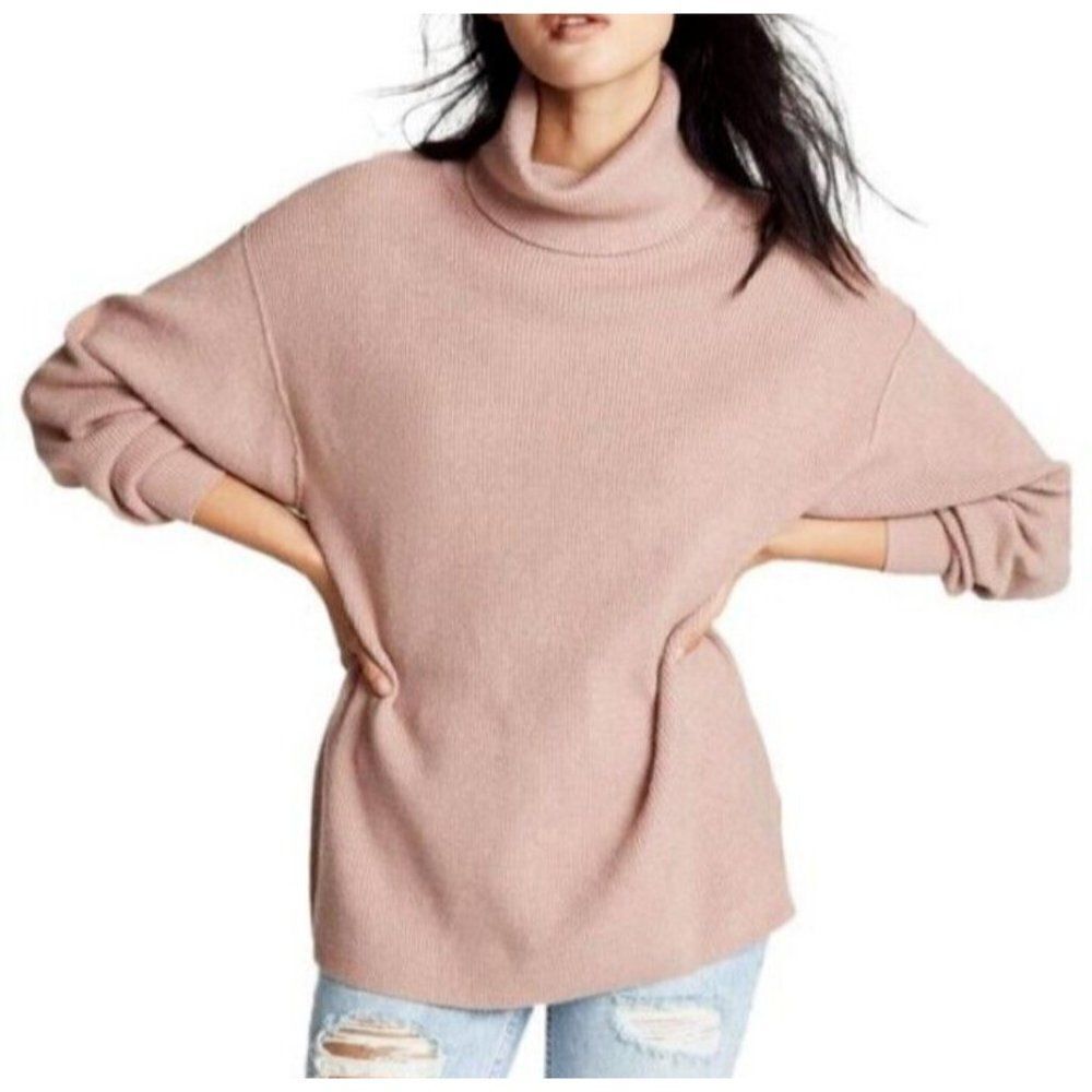Free People Sweater Pink‎ Mauve Oversized Turtleneck Ribbed Boho Size X-Small